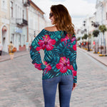 Hot Pink Hibiscus Tropical Pattern Print Off Shoulder Sweatshirt GearFrost