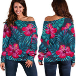 Hot Pink Hibiscus Tropical Pattern Print Off Shoulder Sweatshirt GearFrost