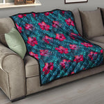Hot Pink Hibiscus Tropical Pattern Print Quilt