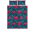 Hot Pink Hibiscus Tropical Pattern Print Quilt Bed Set