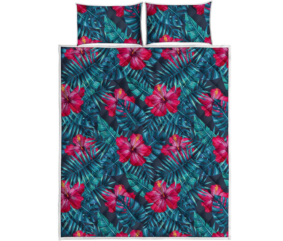 Hot Pink Hibiscus Tropical Pattern Print Quilt Bed Set