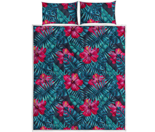 Hot Pink Hibiscus Tropical Pattern Print Quilt Bed Set