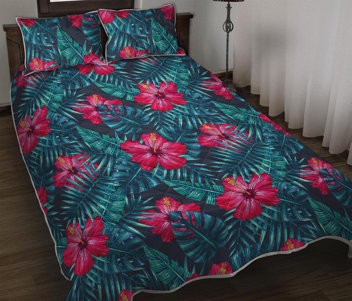 Hot Pink Hibiscus Tropical Pattern Print Quilt Bed Set