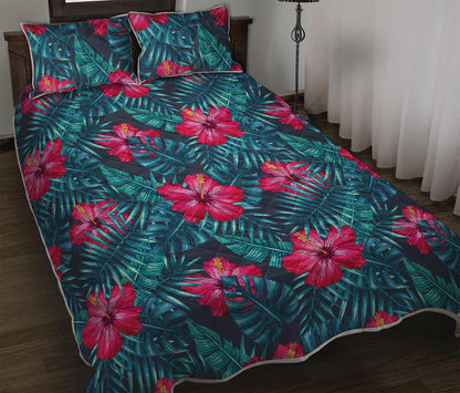 Hot Pink Hibiscus Tropical Pattern Print Quilt Bed Set