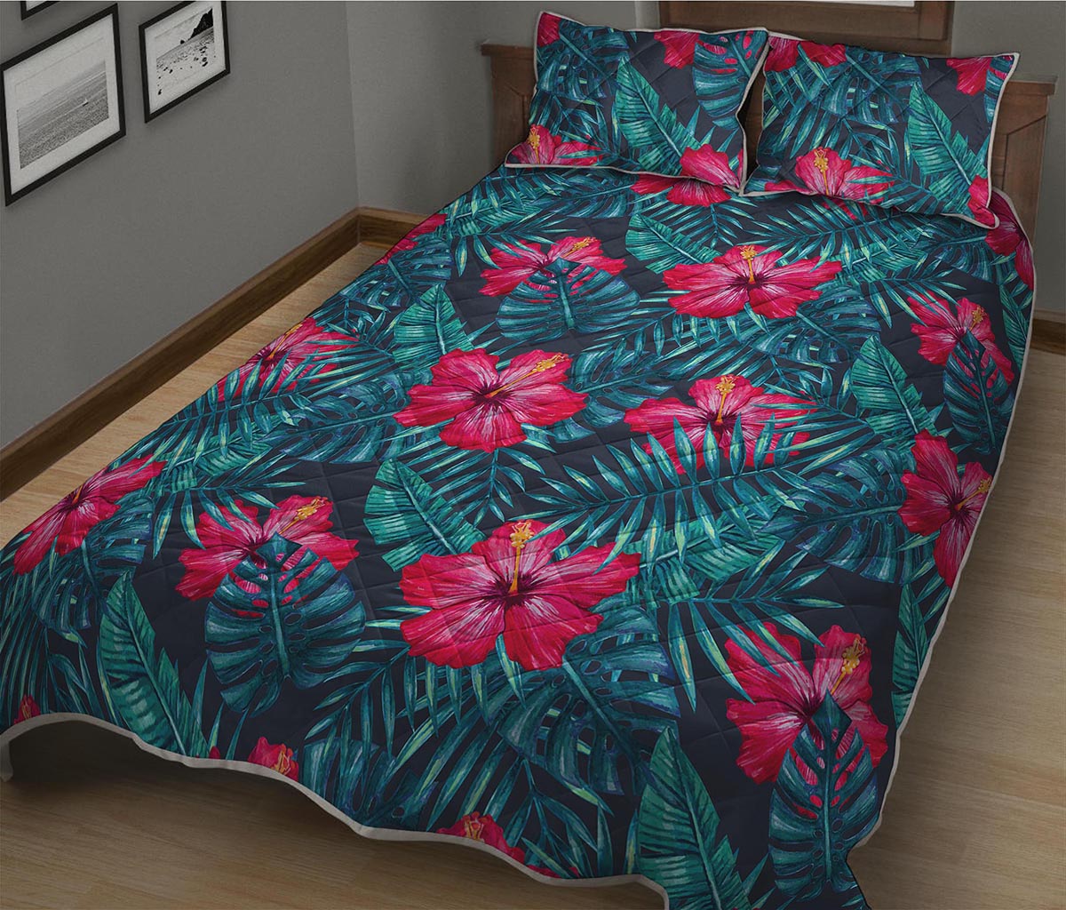 Hot Pink Hibiscus Tropical Pattern Print Quilt Bed Set