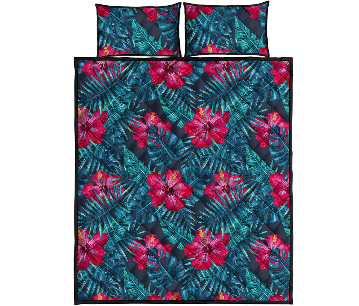 Hot Pink Hibiscus Tropical Pattern Print Quilt Bed Set