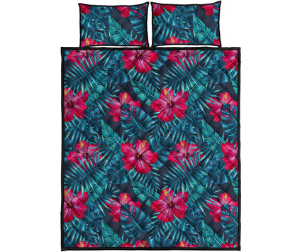 Hot Pink Hibiscus Tropical Pattern Print Quilt Bed Set