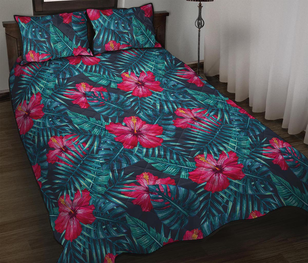 Hot Pink Hibiscus Tropical Pattern Print Quilt Bed Set