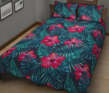 Hot Pink Hibiscus Tropical Pattern Print Quilt Bed Set