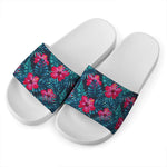 Hot Pink Hibiscus Tropical Pattern Print White Slide Sandals