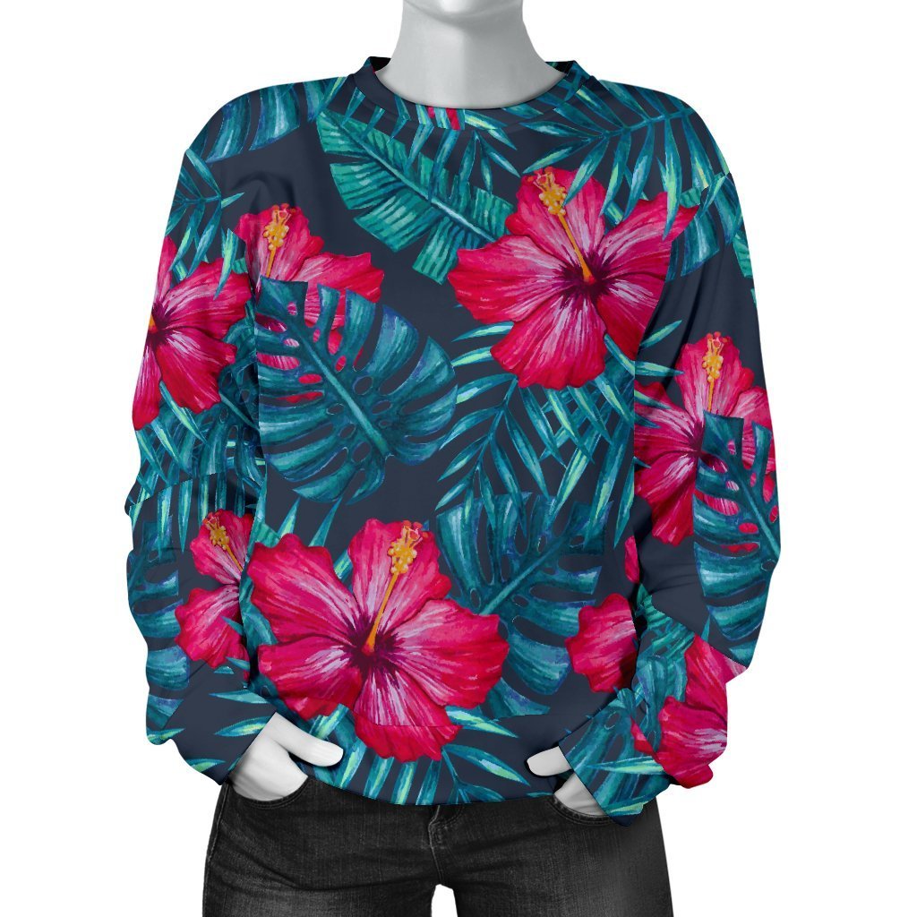 Hot Pink Hibiscus Tropical Pattern Print Women's Crewneck Sweatshirt GearFrost
