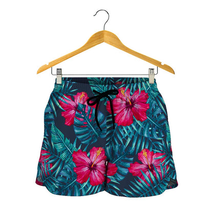 Hot Pink Hibiscus Tropical Pattern Print Women's Shorts