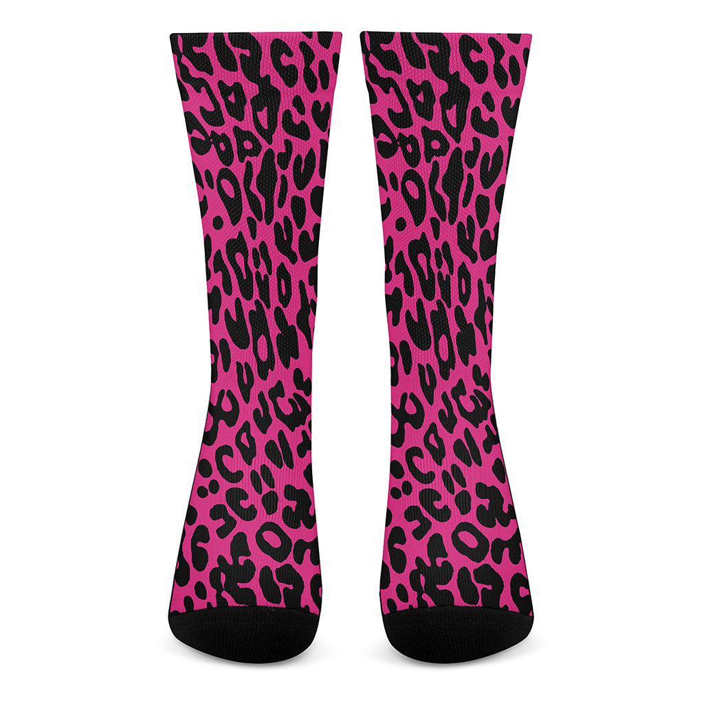 Hot Pink Leopard Print Crew Socks
