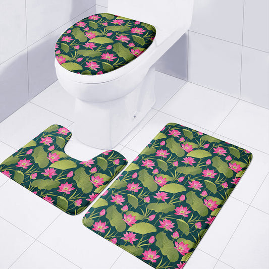 Hot Pink Lotus Pattern Print 3 Piece Bath Mat Set
