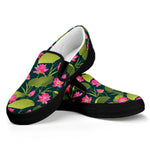 Hot Pink Lotus Pattern Print Black Slip On Shoes