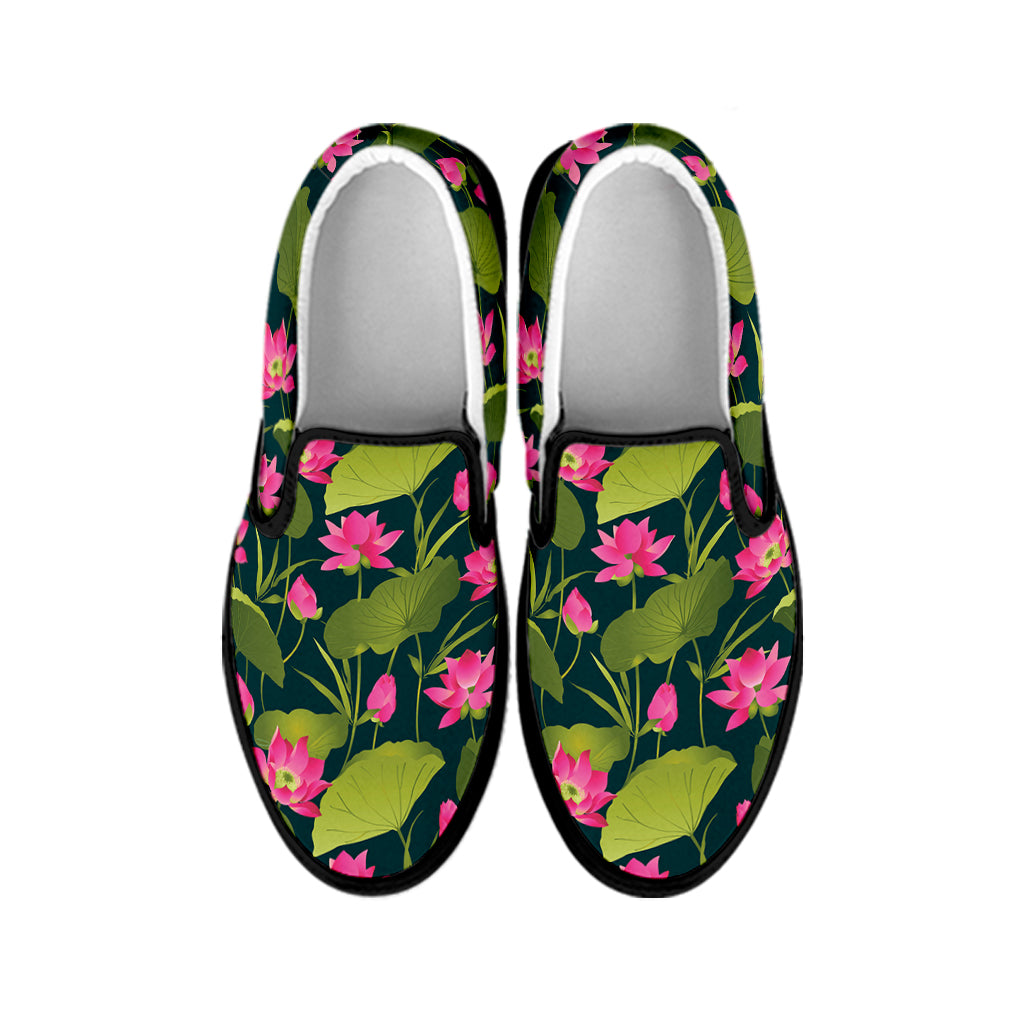 Hot Pink Lotus Pattern Print Black Slip On Shoes