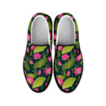 Hot Pink Lotus Pattern Print Black Slip On Shoes