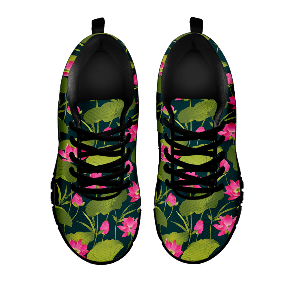 Hot Pink Lotus Pattern Print Black Sneakers
