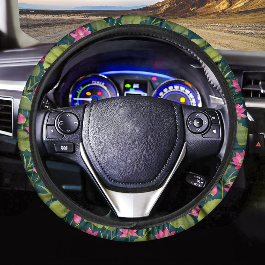 Hot Pink Lotus Pattern Print Car Steering Wheel Cover