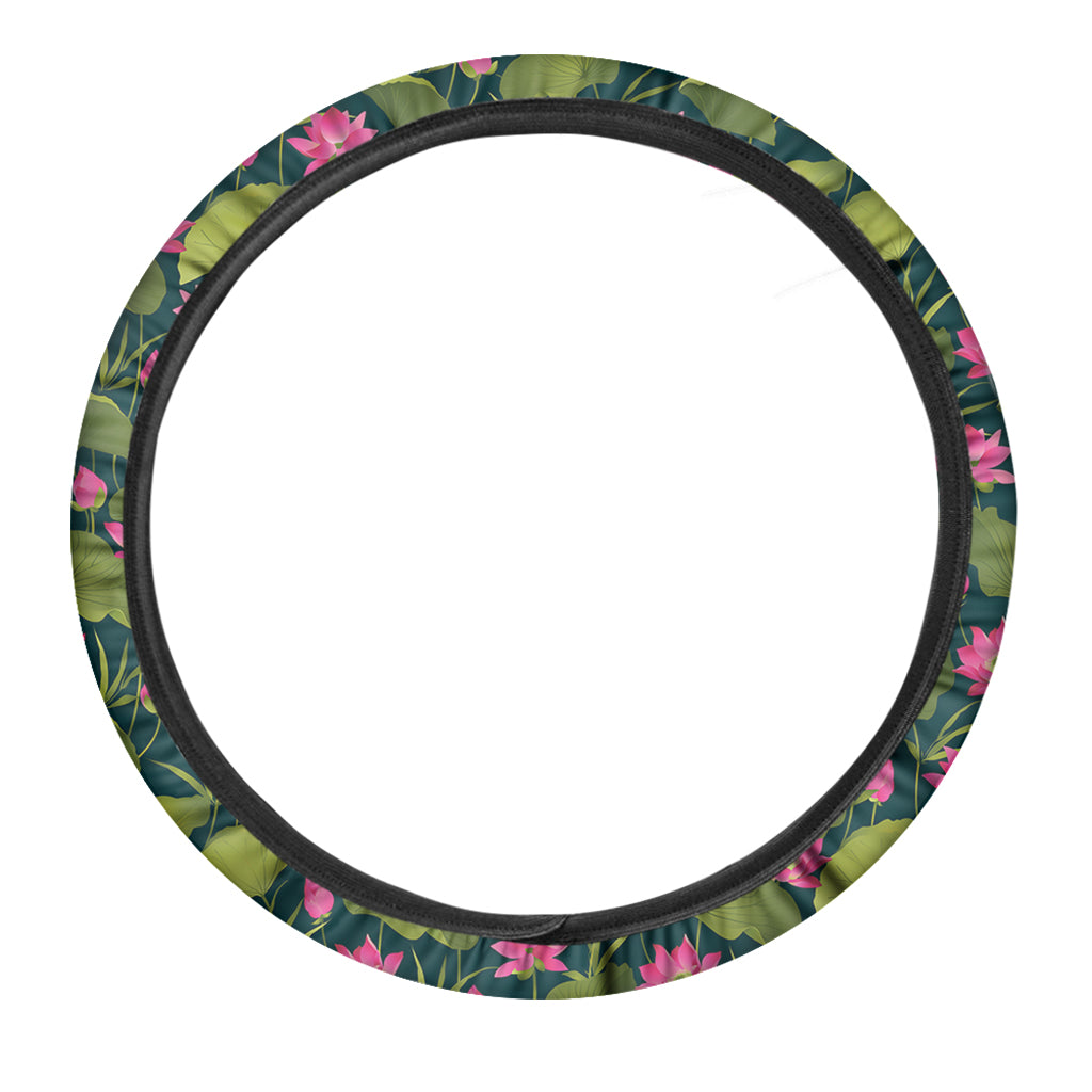 Hot Pink Lotus Pattern Print Car Steering Wheel Cover