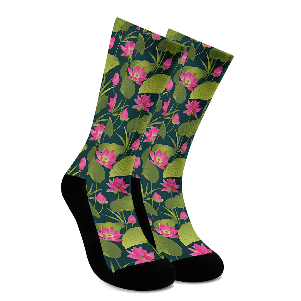 Hot Pink Lotus Pattern Print Crew Socks