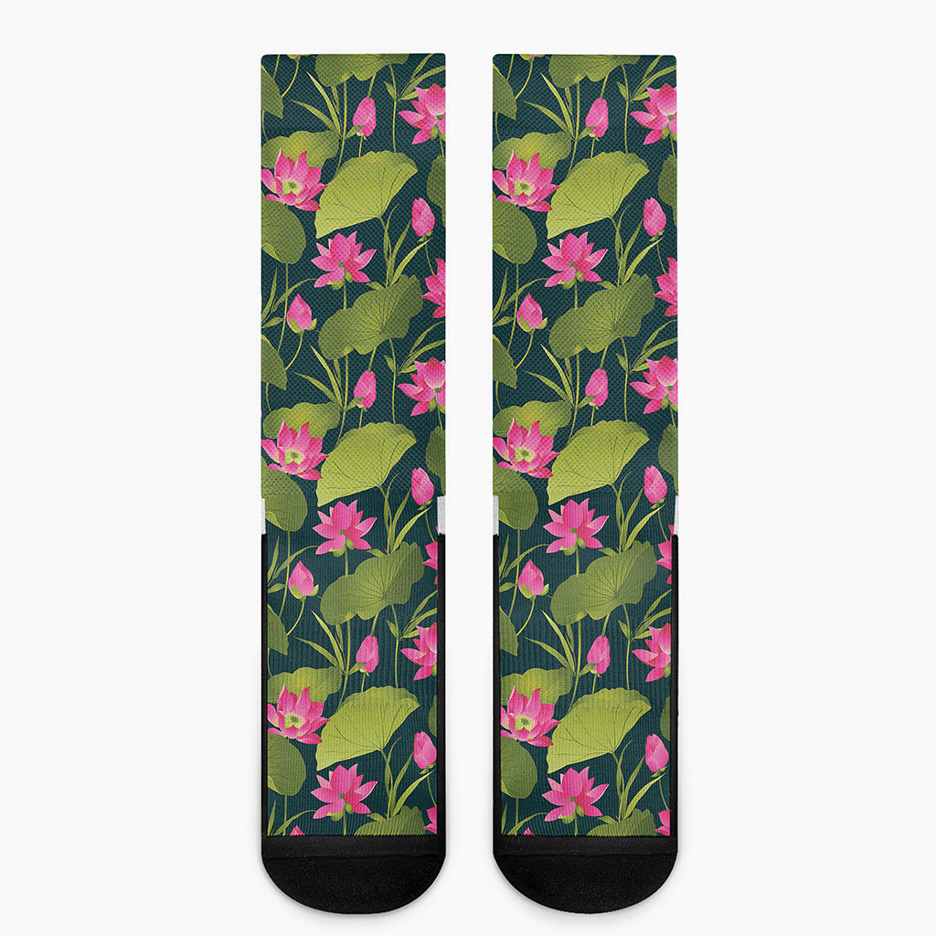 Hot Pink Lotus Pattern Print Crew Socks