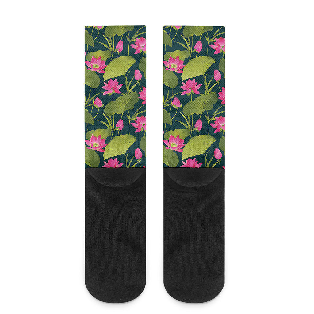Hot Pink Lotus Pattern Print Crew Socks