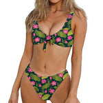 Hot Pink Lotus Pattern Print Front Bow Tie Bikini