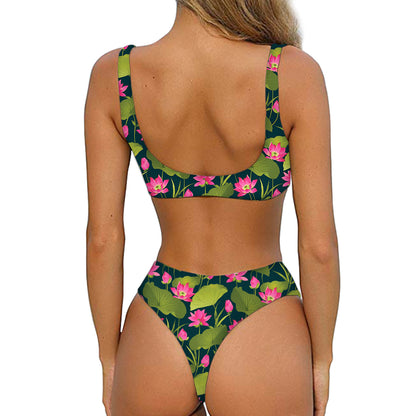Hot Pink Lotus Pattern Print Front Bow Tie Bikini