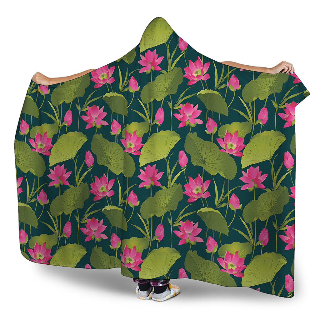 Hot Pink Lotus Pattern Print Hooded Blanket