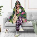 Hot Pink Lotus Pattern Print Hooded Blanket