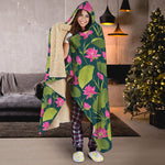 Hot Pink Lotus Pattern Print Hooded Blanket