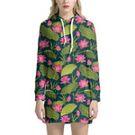Hot Pink Lotus Pattern Print Hoodie Dress