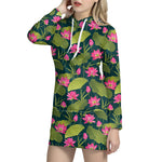 Hot Pink Lotus Pattern Print Hoodie Dress