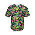 Hot Pink Lotus Pattern Print Men's Baseball Jersey