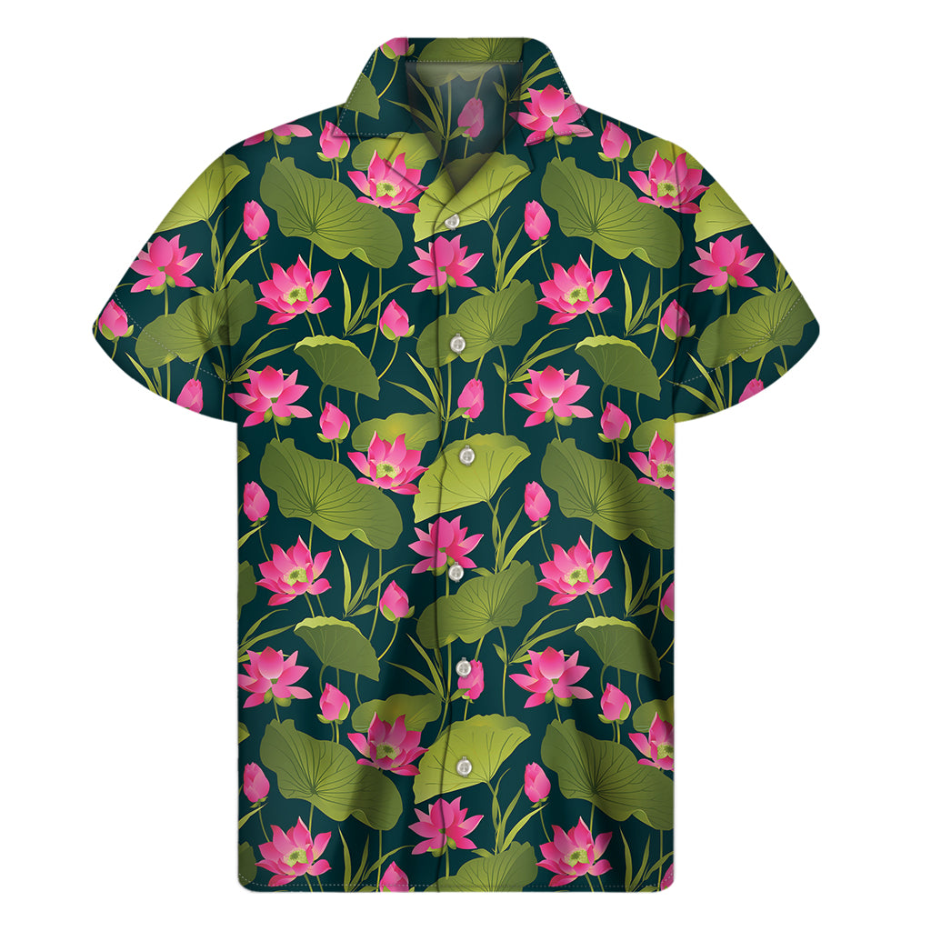 Hot Pink Lotus Pattern Print Men's Short Sleeve Shirt