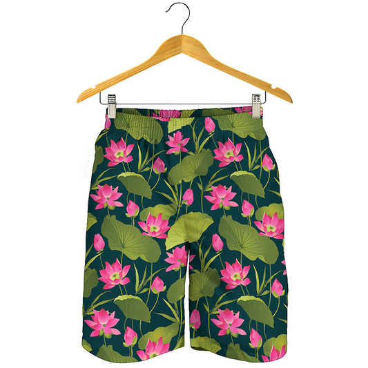 Hot Pink Lotus Pattern Print Men's Shorts