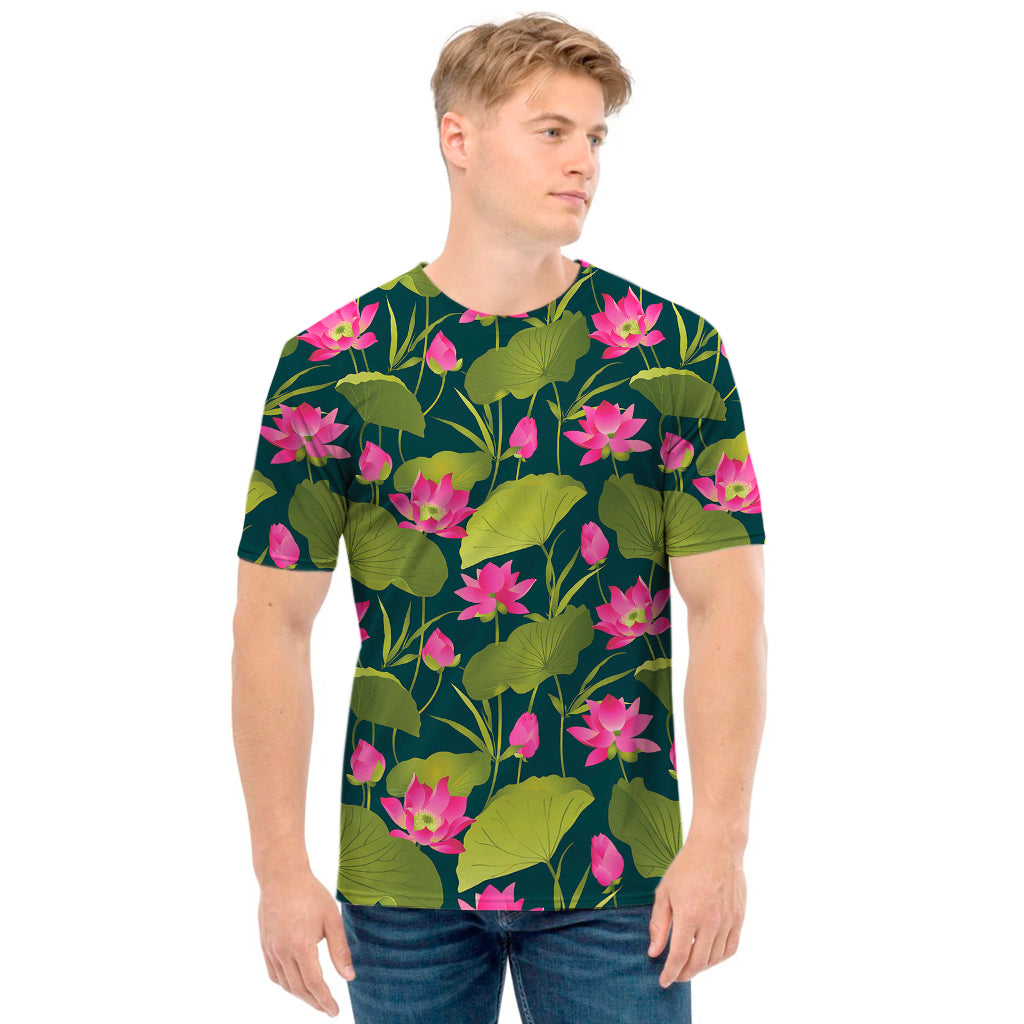 Hot Pink Lotus Pattern Print Men's T-Shirt
