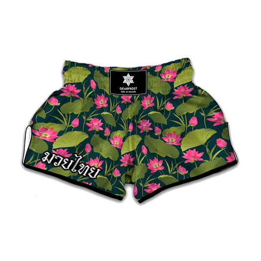 Hot Pink Lotus Pattern Print Muay Thai Boxing Shorts