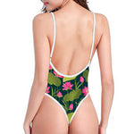 Hot Pink Lotus Pattern Print One Piece High Cut Swimsuit