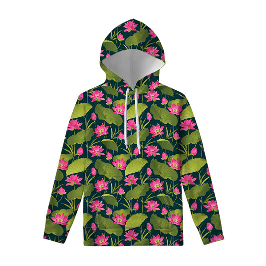 Hot Pink Lotus Pattern Print Pullover Hoodie