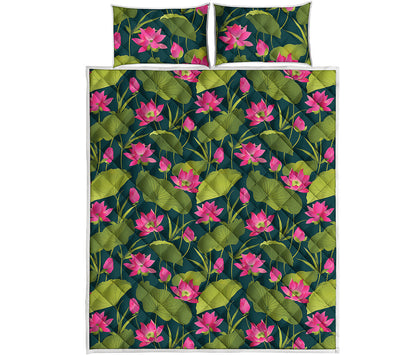 Hot Pink Lotus Pattern Print Quilt Bed Set