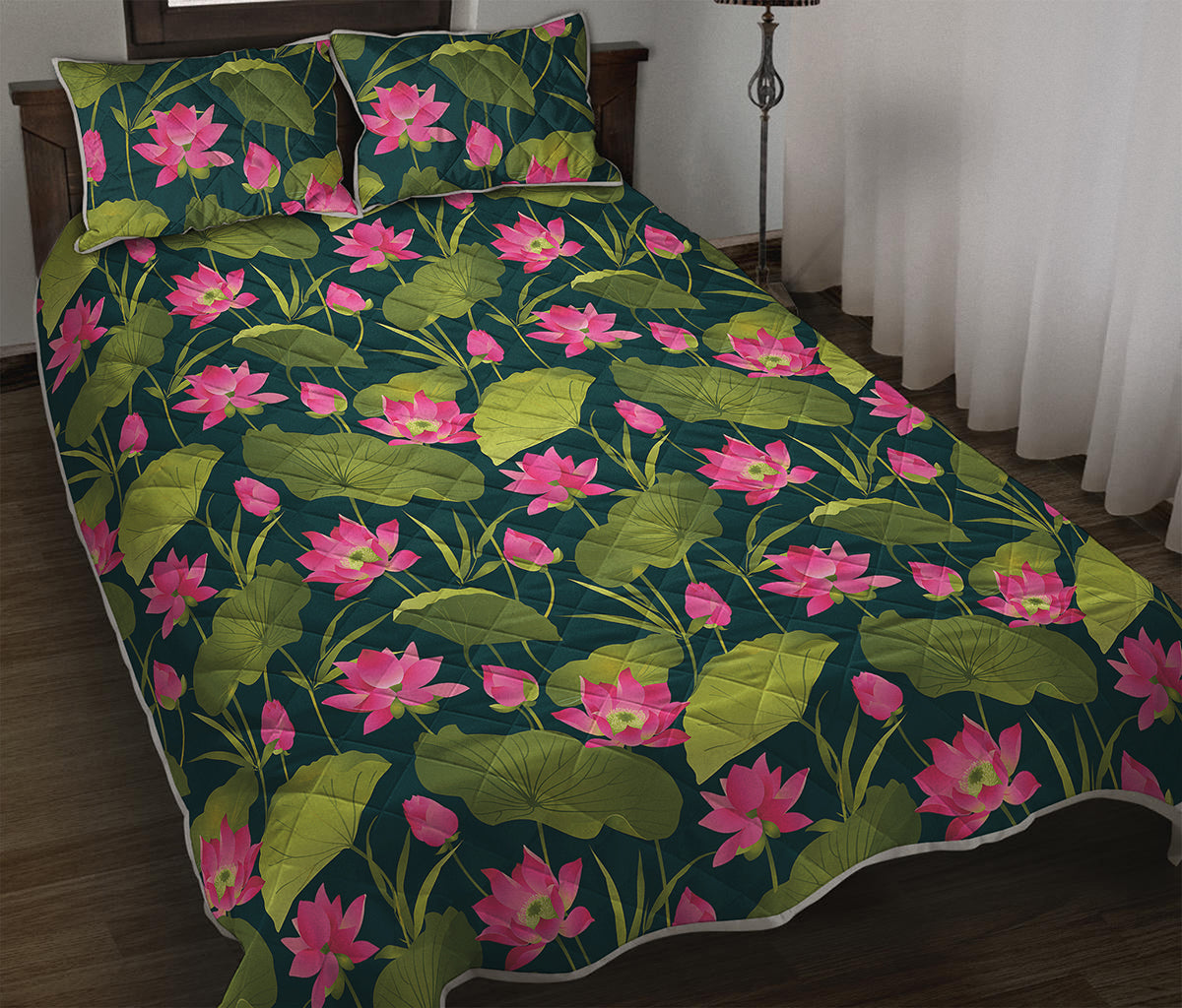 Hot Pink Lotus Pattern Print Quilt Bed Set