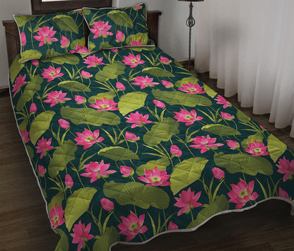 Hot Pink Lotus Pattern Print Quilt Bed Set