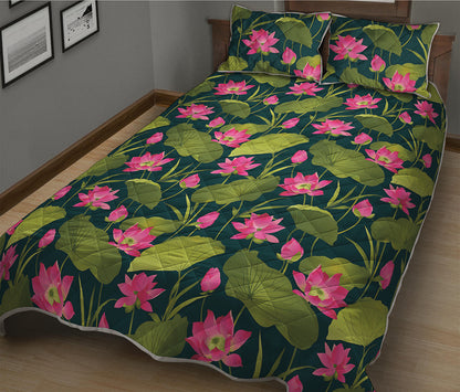 Hot Pink Lotus Pattern Print Quilt Bed Set
