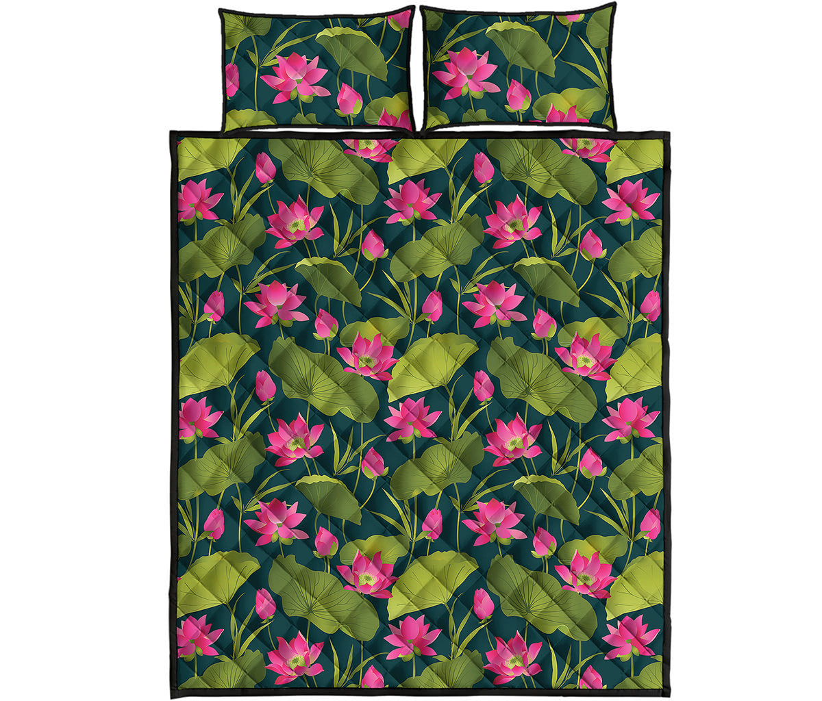 Hot Pink Lotus Pattern Print Quilt Bed Set