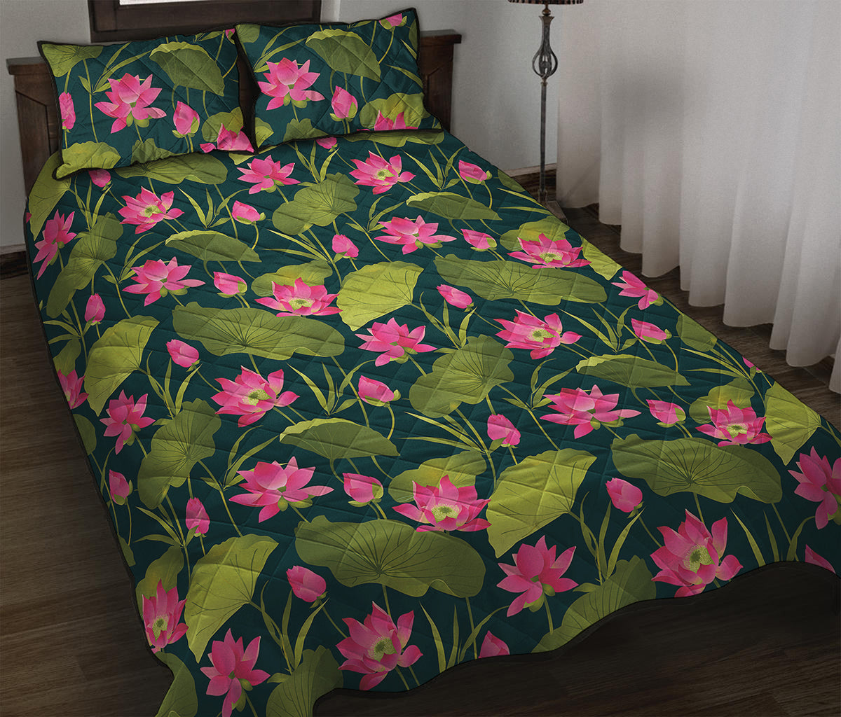 Hot Pink Lotus Pattern Print Quilt Bed Set