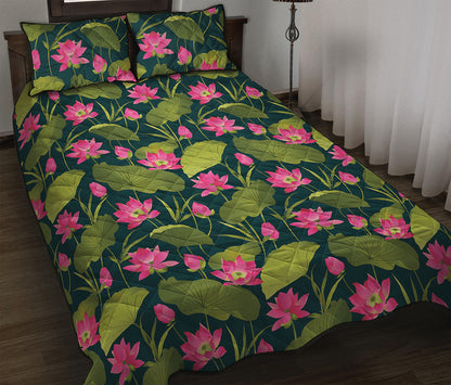 Hot Pink Lotus Pattern Print Quilt Bed Set