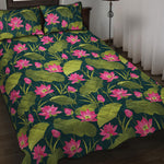 Hot Pink Lotus Pattern Print Quilt Bed Set