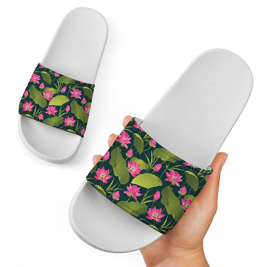 Hot Pink Lotus Pattern Print White Slide Sandals